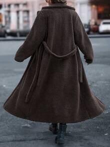 Fashionable Casual Solid Color Thickened Thermal Lined Lapel Pocket Belted Long Sleeve Loose Long Women Jacket, Autumn/Winter - Brown - View 2