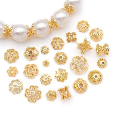 10/50 件真 18K 镀金花丝金色花形珠子端盖 漂亮花丝金色珠子端盖 适用于工艺品 DIY 珠宝制作用品