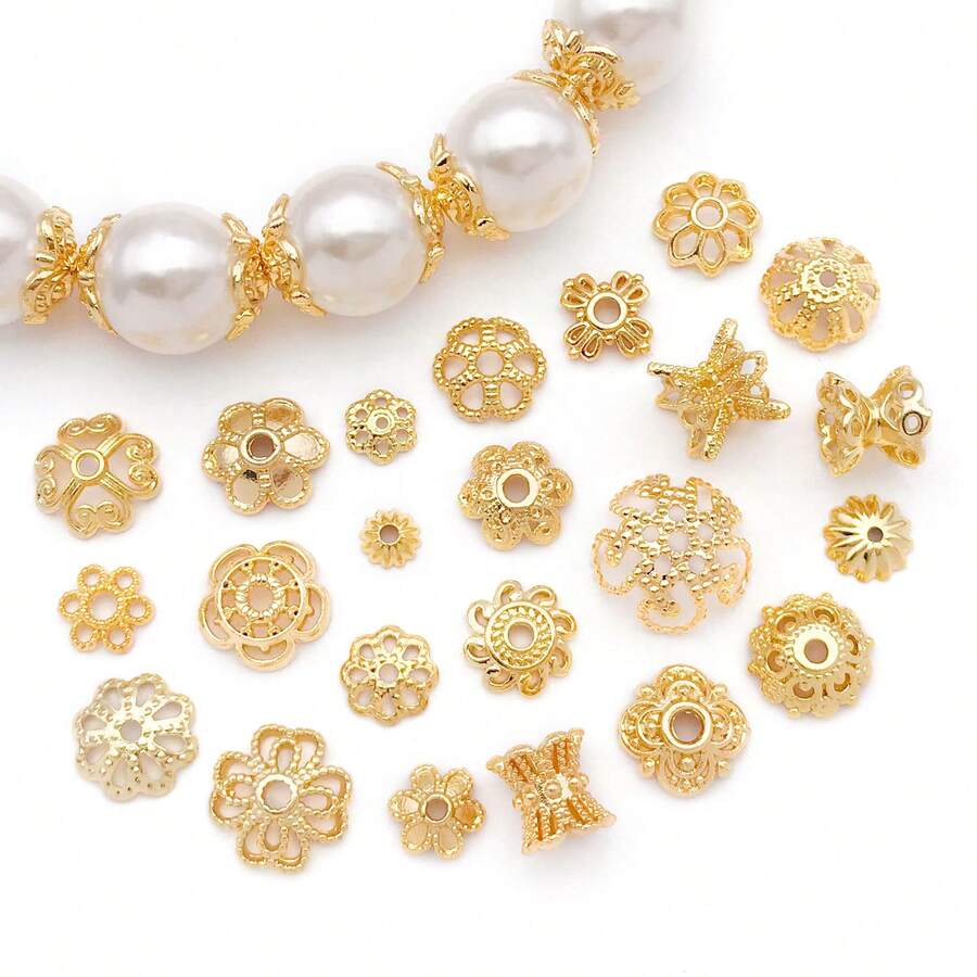10/50 件真 18K 镀金花丝金色花形珠子端盖 漂亮花丝金色珠子端盖 适用于工艺品 DIY 珠宝制作用品