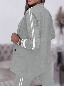 女式休闲运动侧条纹夹克和裤子套装 - 灰色 - 查看 3