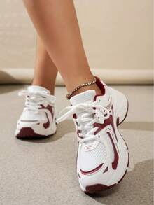 Women's Color - Block Chunky Sneakers, Mesh - Breathable, Retro Dad - Shoe Style, Comfortable For Running And Casual Sports . - 紅色 - 查看 2