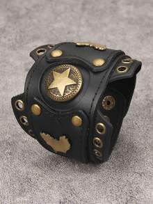 1 件男士朋克摇滚摩托车手链，不对称骑行针双扣宽皮革腕带，哥特式复古皮革手链，男士礼物 - 皮革 - 查看 14