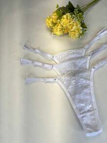 Kit Of 3 Lace Panties With Double String And Side Adjustment. Comfortable, Transparent Fabrics, Lingerie, Intimate Fashion, Perfect Fit. - White - View 3