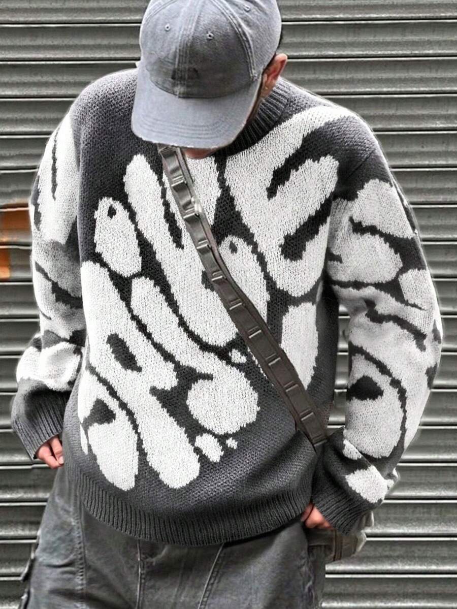 1 Stück Lässiger, vielseitiger asymmetrischer Jacquard-Strick Loose Fit Outdoor Sport Pullover für Teenager Jungen