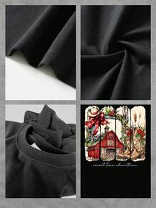 Camiseta con gráfico de granero y botas navideñas vintage, camiseta de mujer de moda con un estampado campestre festivo, mezcla de algodón cómoda, perfecta para la alegría festiva y el estilo informal, es un regalo de Navidad ideal, de gran tamaño - Negro - Ver 4