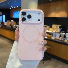 奢华亮面荧光液态硅胶手机壳，兼容 17 Air、16、15、14、13、12、17 Pro Max Plus，带磁吸软壳 - 粉紅白色 - 查看 3