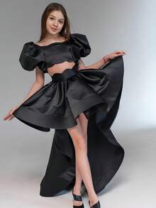 Bộ váy áo dài tay phồng màu đen thanh lịch dành cho bé gái tuổi teen, thích hợp cho tiệc sinh nhật, quà tặng ngày Valentine, váy dạ hội hóa trang, trang phục phù dâu trong đám cưới, váy biểu diễn ở trường, lễ hội, gồm 2 mảnh. - màu đen - Xem 2