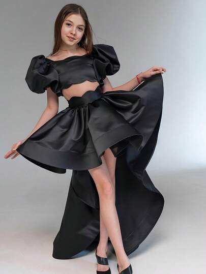 Conjunto de vestido elegante de fiesta con mangas abultadas y cola para niña preadolescente, adecuado para fiesta de cumpleaños, regalo del Día de San Valentín, vestido de baile de máscaras, vestido de dama de honor de boda, vestido de celebración de festival escolar, 2 piezas