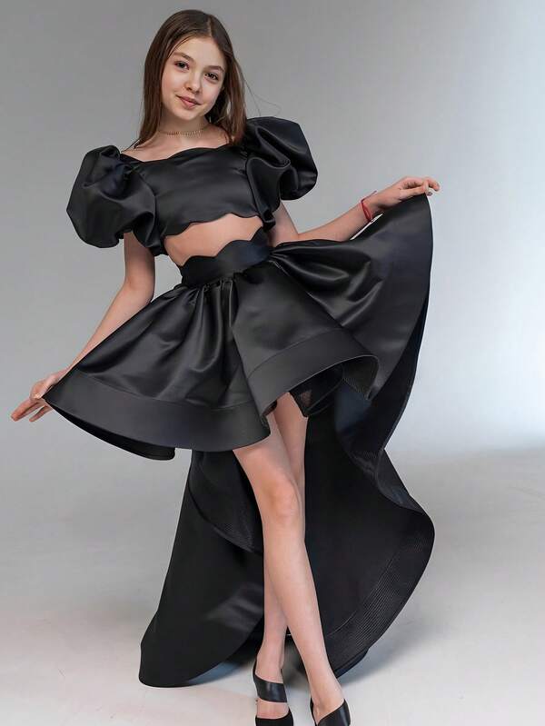 Conjunto de vestido elegante para festa de fim de ano, preto, com mangas bufantes, para meninas adolescentes, adequado para festa de aniversário, presente de Dia dos Namorados, baile de máscaras, florista, apresentação escolar, comemoração de fim de ano, 2 peças