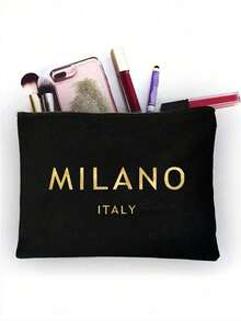 一套亚麻手提袋，包含一个印有金色“MILANO ITALY”字样的手提袋和一个图案小袋，可定制字母和花卉图案，适合婚礼、生日、海滩、节日等场合，是送给女性、母亲、教师、朋友、伴娘、学生和返校季的完美礼物。 - 彩色 - 查看 2
