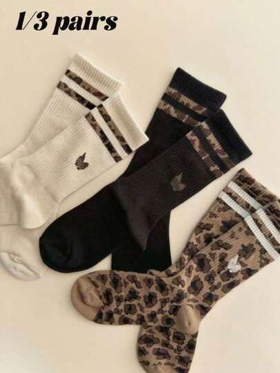 1/3/6 Pairs Women Leopard & StripedPattern Mid-Calf Socks, FashionClassic Comfortable Soft BreathableVersatile For Daily Wear, All Seasons
