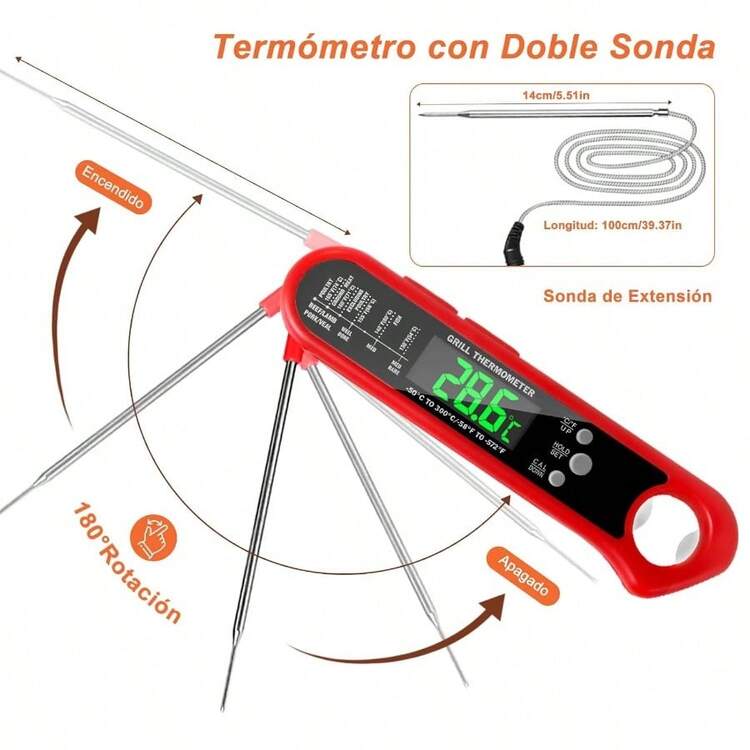 Termmetros para Carne Impermeable - Termmetro Digital de Cocina Inoxidable con Lectura Instantnea Pantalla LCD y Plegable de la Sonda de Metal Larga para Leche Barbacoa Parrilla Carne BBQ - DOS SONDAS - Añade 6