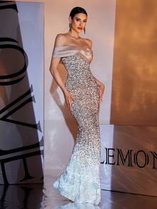 Women's Sexy Asymmetric Off Shoulder Gradient Sequin High Slit Party Evening Dress - Gold - View 7