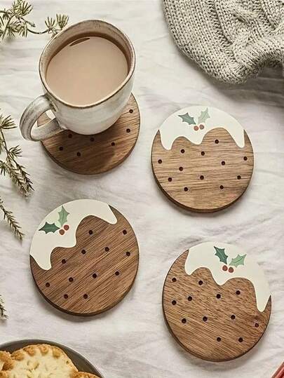 Multi-Pack Christmas Cute Pudding Wooden Coasters (With Fixing Glue), Suitable For Home, Office, Cafe, Tea Room Decoration, Table Decoration, Restaurant Decoration, Gift, Christmas, Christmas Gift, Home Decoration