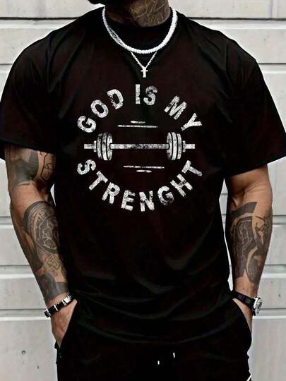 % Cotton Shirt Black 2025 God Is My Strength Christian Faith Gym Workout Motivational-Shirt Men Shirt