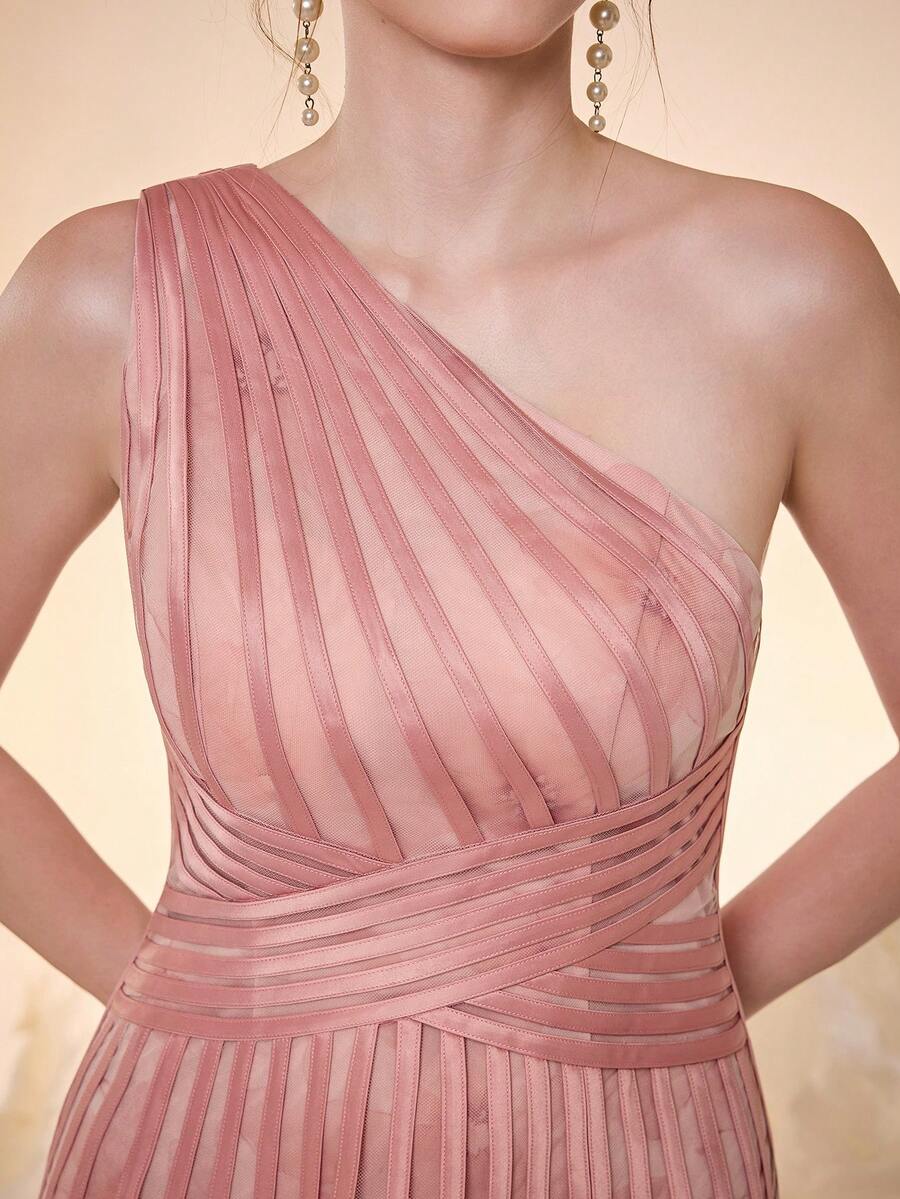 Mgiacy,New Arrival,Shoulder Slant, Printed Mesh, Pull TAB, Front And Bottom Split, Large Swing, High-End, Evening Dress,For Dinner Parties Wedding Pink Spring - Pink - View 1