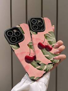 1pc Minimalist Pink Leaf Pattern Vertical Striped High-Quality Faux Leather Shockproof Anti-Fingerprint Phone Case, Suitable As Birthday Or Holiday Gift For Friends, Family, Couples, Compatible With Apple And Models - Multicolor - View 5