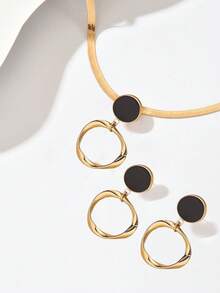 Set de bijuterii pentru femei 2 buc, lanț plat auriu la modă cu model șarpe, colier și cercei cu pandantiv geometric asimetric cu ulei negru picurat, accesorii elegante pentru zi cu zi, festival, toate anotimpurile, cadou de lux - De aur - Vizualizare 4