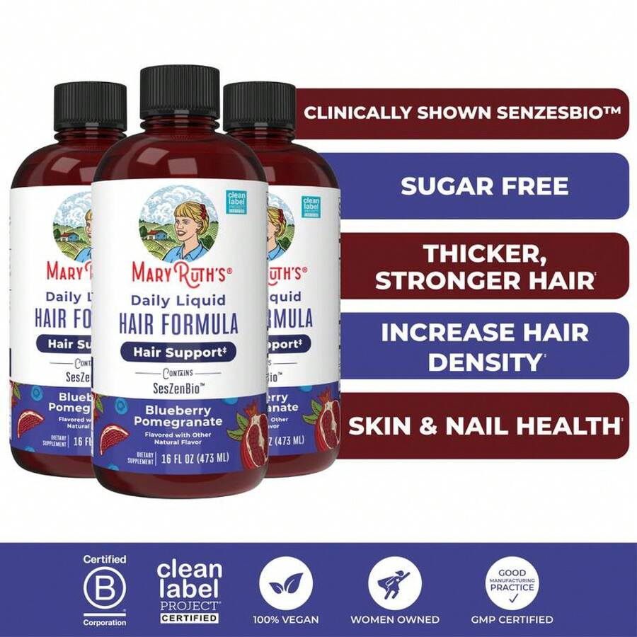 Mary's Daily Liquid Hair Formula - Hair Support - Thicker Hair For Women - Healthy Hair Habits - With SesZenBio - Biotin - Vitamin C - 16 Fl Oz - Three Pack - 查看 1