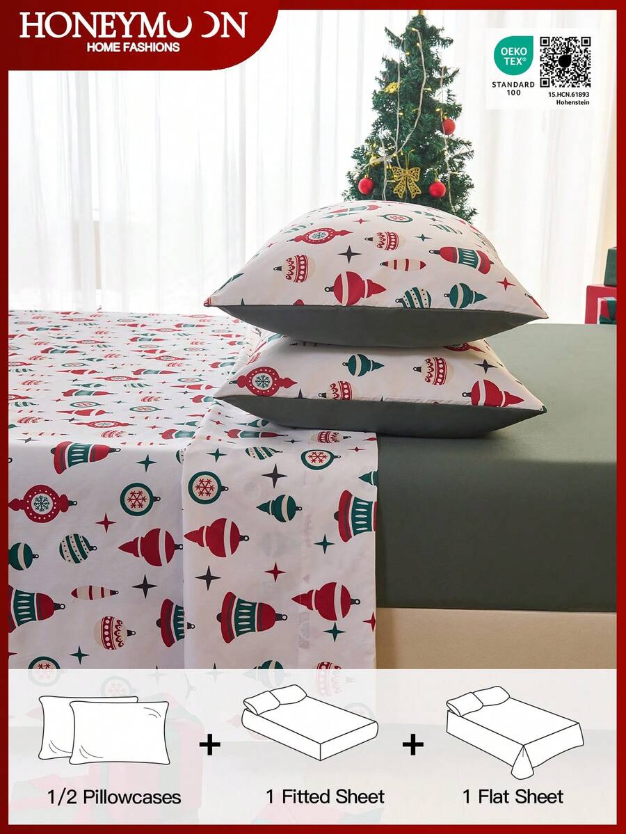 Juego de sábanas con estampado de bolas y campanas navideñas, 3/4 piezas, con funda de almohada, de tacto suave como una nube, resistente a las arrugas y al encogimiento, incluye 1 sábana plana + 1 sábana ajustable + 1/2 fundas de almohada, sábana de bolsillo profundo, para camas de todos los tamaños, certificado Oeko-Tex