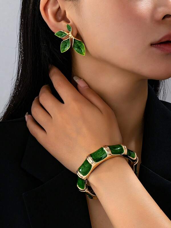 1 pieza Pulsera de nudo de bambú verde y 1 pieza de pendientes florales geométricos de moda, adecuados para mujeres, elegantes para uso diario