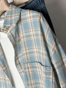 YUXIN 女士复古格子风衣外套，高端时尚宽松长袖衬衫，适合秋冬季穿着 - 藍卡色 - 查看 7