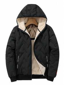 男士超声波夹克，时尚连帽拉链口袋保暖内衬冬季外套 - 黑色 - 查看 1