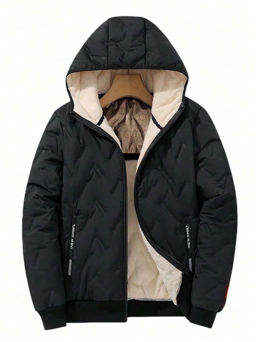 男士超声波夹克，时尚连帽拉链口袋保暖内衬冬季外套 - 黑色 - 查看 1