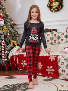 2pcs/Set Girls Christmas Family Matching Snug Fit Pajamas, Fun Letter & Christmas Tree Plaid Print Long Sleeve Top And Pants, Soft & Comfortable Sleepwear Set, Holiday Gift, Party Pajamas, Autumn/Winter