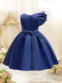 EHOMKIDS 年輕女孩實色緞面正式連衣裙，設珍珠腰帶，荷葉邊緣，適用於婚禮/晚會，中長款，適用於幼兒和大童 - 藍色 - 查看 3