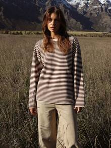 Women's Autumn Casual Striped Tops Long Sleeve Round Neck Loose Fit T-Shirt For Daily - Cà phê nâu - Xem 1