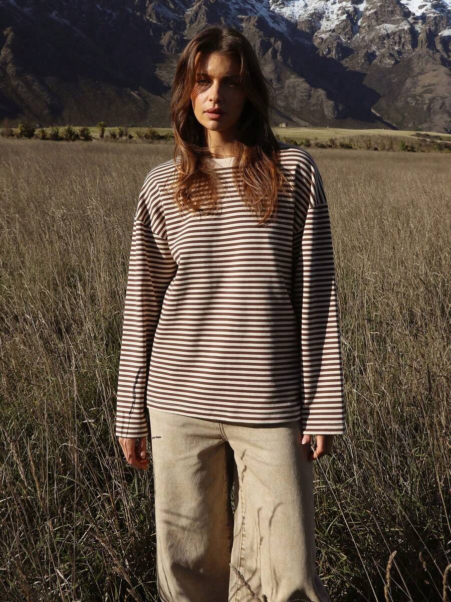 Women's Autumn Casual Striped Tops Long Sleeve Round Neck Loose Fit T-Shirt For Daily - Cà phê nâu - Xem 1