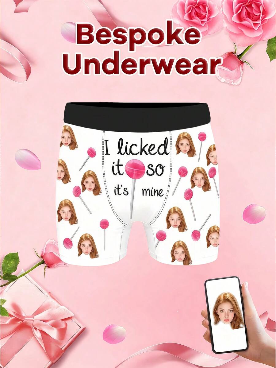 Custom Face Men's Boxer Briefs, Personalized Photo Print Men's Underwear, Funny Lollipop Pattern Boxer Briefs, Printed With "I Licked It So It's Mine" Quote - White - View 1