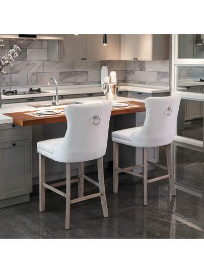 Contemporary Fluwelen Upholstered Bar Stool Buttoned Lattice Wooden Legs Chrome Nailhead Chair, Stools, DE2002BL view 8