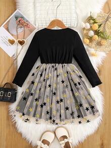 Young Girls' Fashion New Spring/Autumn Outfit, Girls' Solid Color Ruffle Sleeve Round Neck Long Sleeve Patchwork Star Print Mesh Hem Double Layer Dress, Girls' Casual Outdoor Simple Comfortable Versatile Childrenswear, Elegant Party Dress - Black - View 2