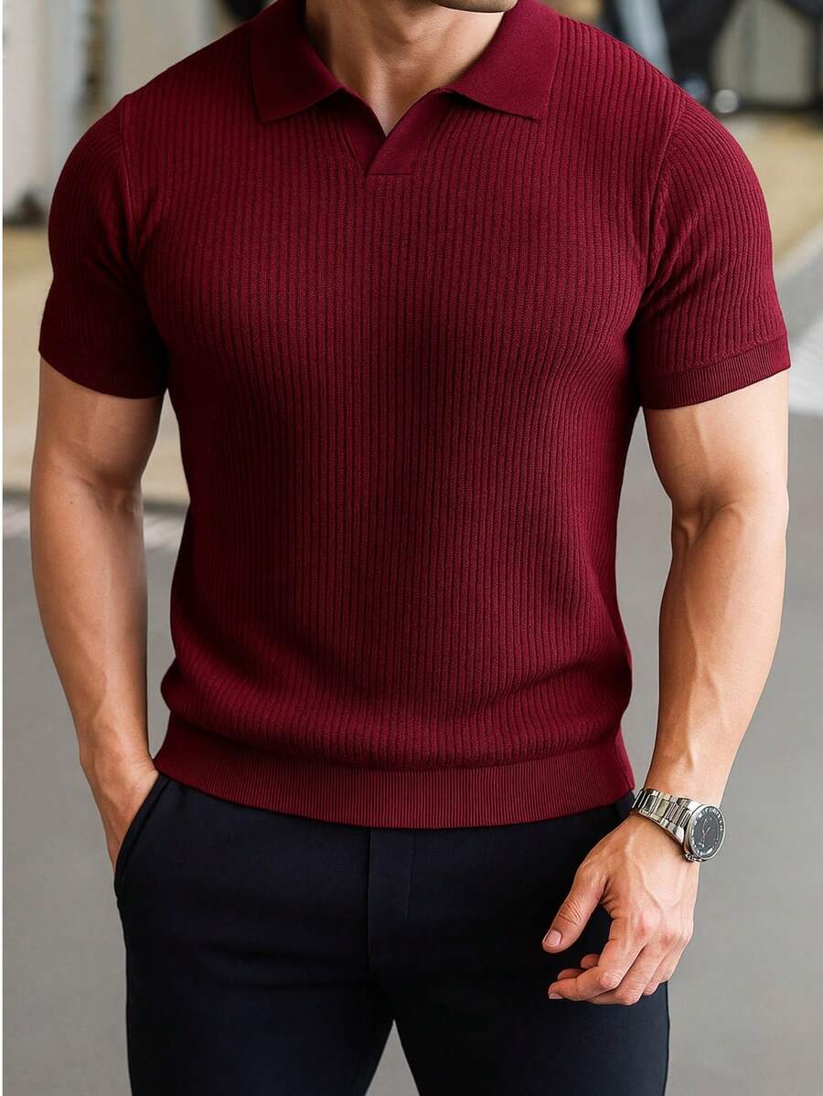 Men's Ribbed Cotton Polo Shirt With V-Neck – Sophisticated Style And Perfect Fit - Burgundy - View 1