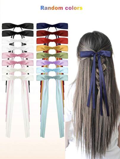16pcs/8pcs Girls Bowknot Hair Clips, Ribbon Tail Bow Hair Clips, Solid Color Hair Accessories