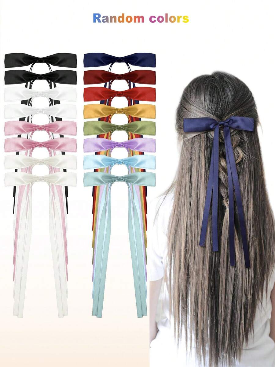 16pcs/8pcs Girls Bowknot Hair Clips, Ribbon Tail Bow Hair Clips, Solid Color Hair Accessories - Multicolor - View 1