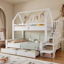 Bunk Bed, Children's Bed, Two Drawers On Castors, Beautiful Roof Design, With Safety Railing And Stair Cupboard, Pine + MDF + Plywood, White, - 白色 - 查看 3