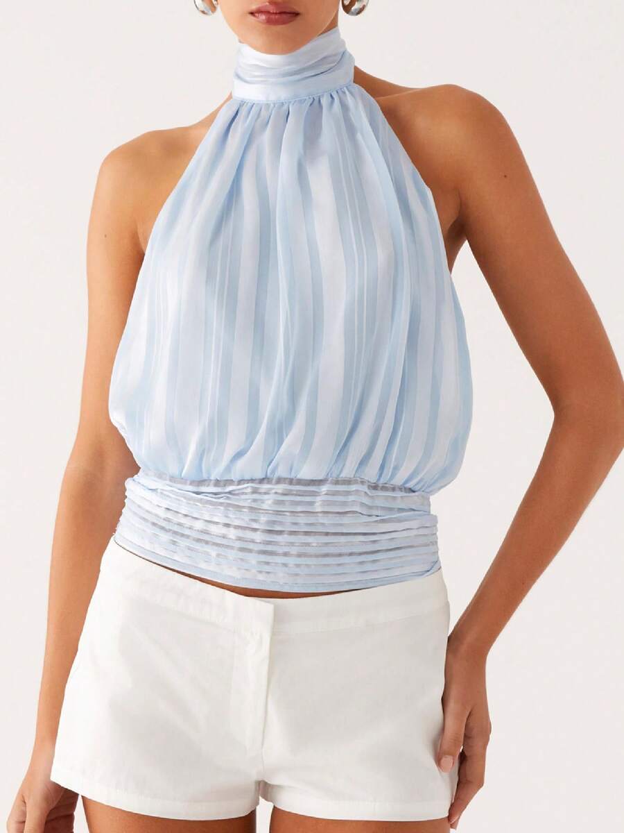 Women's Halter Pleated Chiffon Tank Top Sleeveless Neckline Tie-Up Open Back Tie Casual Blouses 2025 Summer Tops - 藍色 - 查看 1