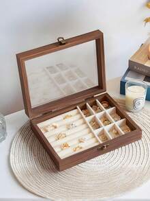 胡桃木首饰盒，带透明窗口，内衬天鹅绒首饰托盘，女士首饰收纳盒，项链戒指耳环展示托盘，大容量首饰整理盒，可收纳项链、手链、戒指、耳环、口红及其他配饰，送给女孩的礼物，旅行礼物 - 胡桃木開窗首飾盒 - 查看 22