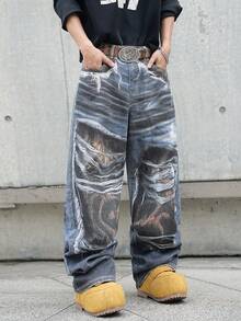 1件美式街头风男士数码印花阔腿牛仔裤，宽松百搭时尚休闲裤，四季皆宜（不含腰带和配饰） - 藍色 - 查看 2