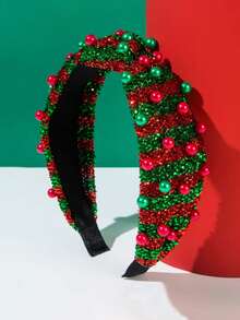 Christmas Striped Knotted Headband, Holiday Contrast Color Beaded Red Headband, Simple Knotted Fabric Rhinestone Multi-Color Bead Headband ,Party ,Hair Hair Hoop