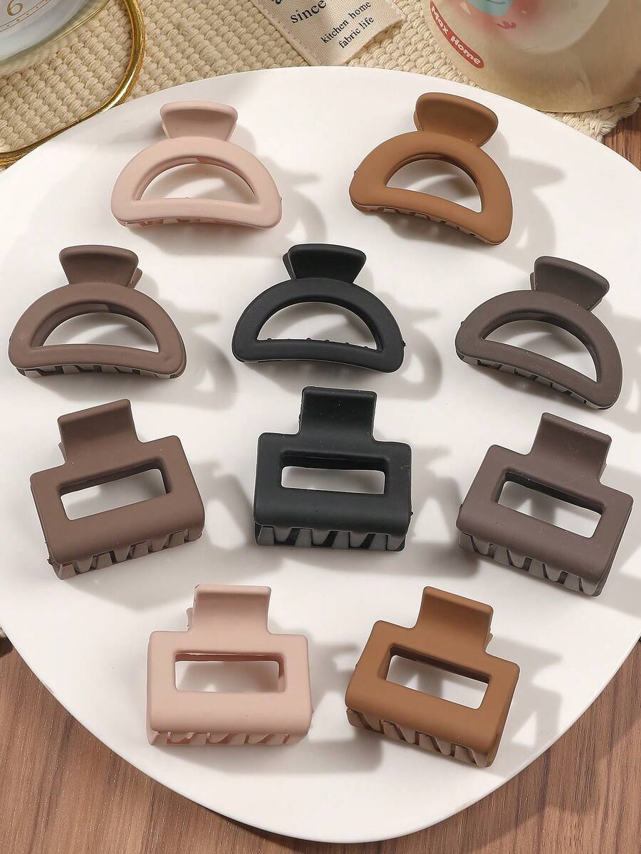 10个简约黑色和咖啡色小半圆方形发夹，可爱酷炫刘海和碎发造型时尚发夹，冬季发饰，夏季穿搭