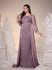 Mgiacy-Pop,,New Arrival,V-Neck, Embroidered Lace, Beaded Beads, Long Sleeves, Slit Starlight Satin Hem, Sequins, Evening Dress,FOR,Dinner Party - Dusty Pink - View 3