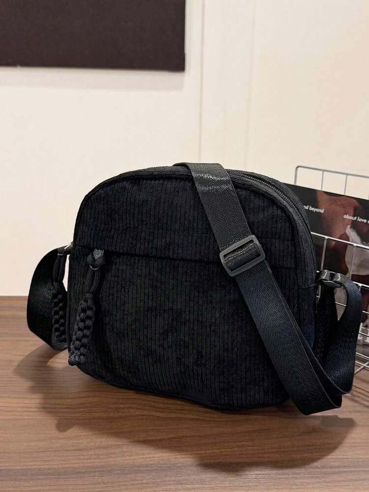 1 pieza Bolso de hombro de moda informal de niña joven de pana con cierre de cremallera, adecuado para uso diario - Bolso de pana - Añade 11