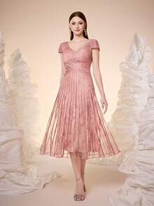 Mgiacy，新品上市，吊带，印花网眼，拉条，高端晚礼服，适合晚宴 - 粉色 - 查看 1