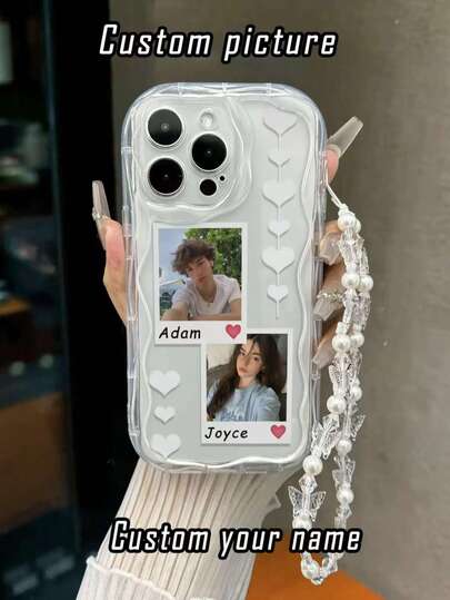 Cream Swirl Wave Edged Transparent Heart-Shaped Customized Photo Painted Shock-Proof Phone Case, Paired With Handmade Beaded Bracelet, Compatible With IPhone 17 Air 16 15 14 13 12 11 Pro Max, Galaxy S25 24 23 Ultra FE A55 54 35 And Other Models, Phone Charm, Transparent, Fashionable, Colorful, Retro, Cute, Customized, Fun, Personalized, Unique, Ideal Gift For Lover/Partner/Family/Friend, Christmas Gift