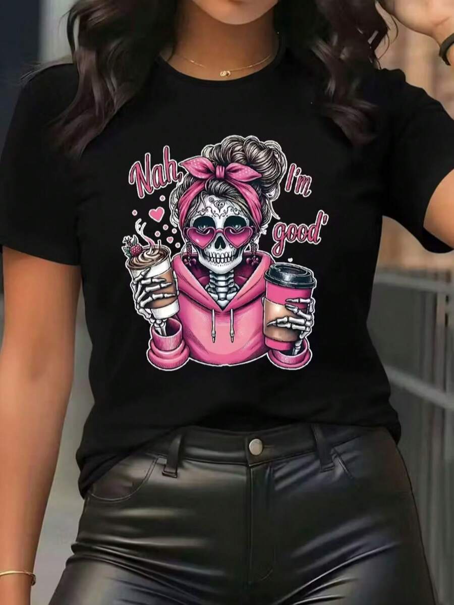 Camiseta gráfica de Halloween para mujer - Mujer esqueleto con sudadera rosa y lema "I'm Nah I'm Good", camiseta casual de manga corta con cuello redondo, negro, transpirable, ideal para atuendos casuales y fiestas de Halloween, ropa de Halloween, atuendos festivos, ajuste cómodo. Camiseta holgada de mujer estilo casual con estampado gráfico de calavera y cuello redondo para verano y ocio