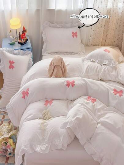 Cut Bow Embroidery Colorful Ruffle Duvet Cover Set, White Bedding Set 3pcs,Including 1 Duvet Cover And 2 Pillowcases, Ultra Soft Breathable Chic Comforter Cover
